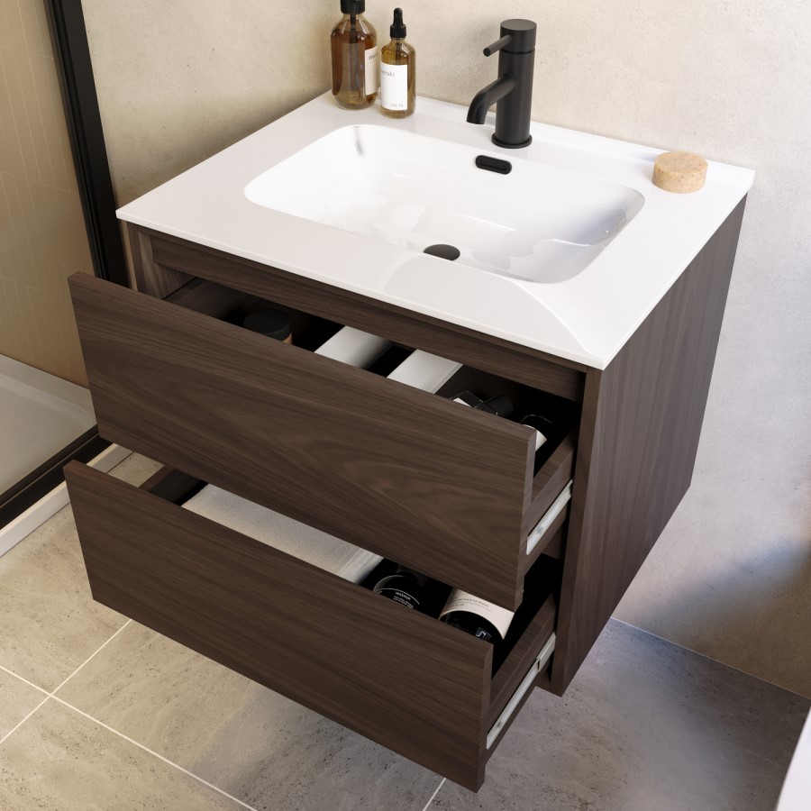 600mm Walnut Wood Effect Wall Hung Vanity Unit with Basin - Palma