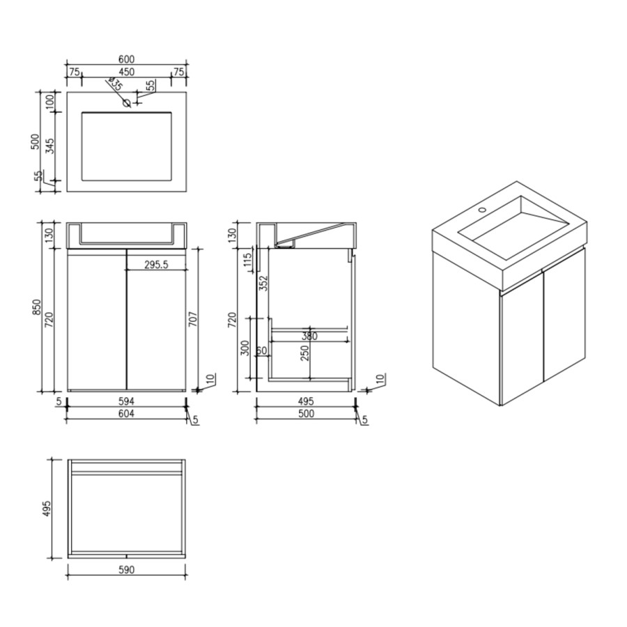 600mm White Freestanding Vanity Unit with Basin - Panama