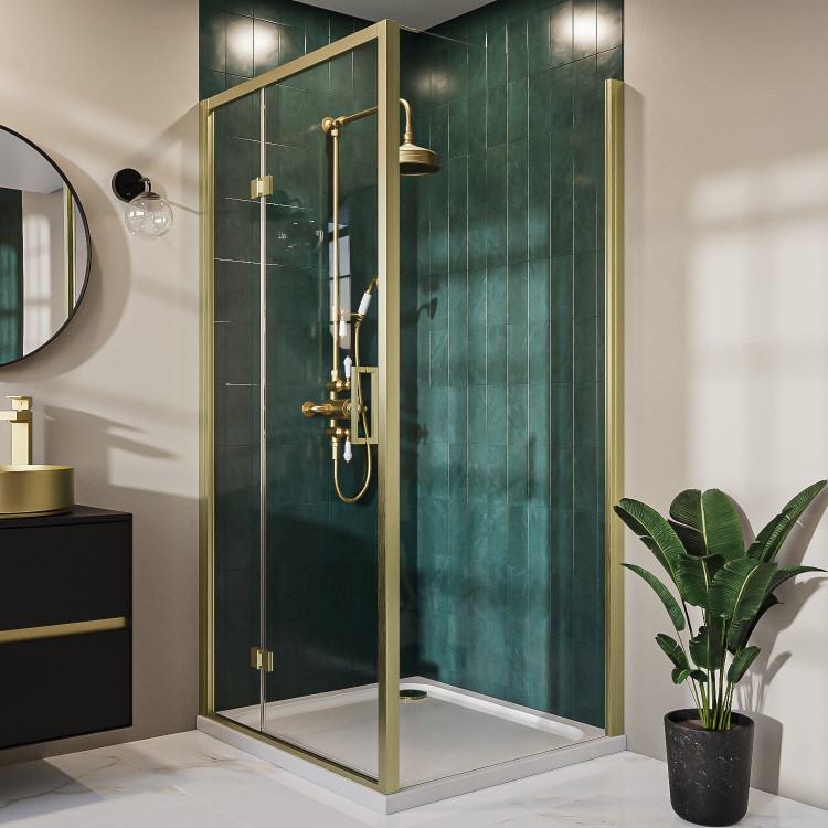 Brushed Brass 8mm Glass Rectangular Hinged Shower Enclosure 1000x900mm - Pavo