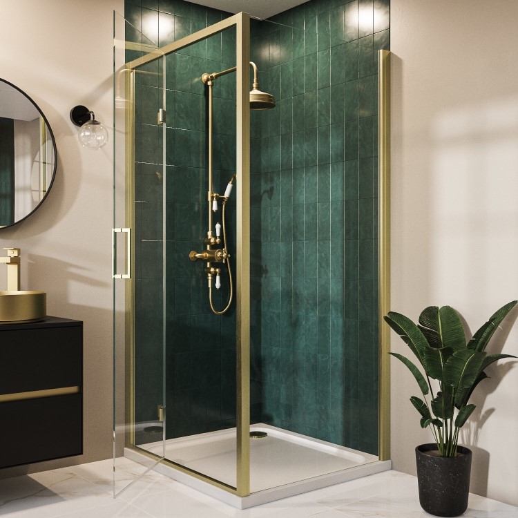 Brushed Brass 8mm Glass Rectangular Hinged Shower Enclosure 1000x900mm - Pavo