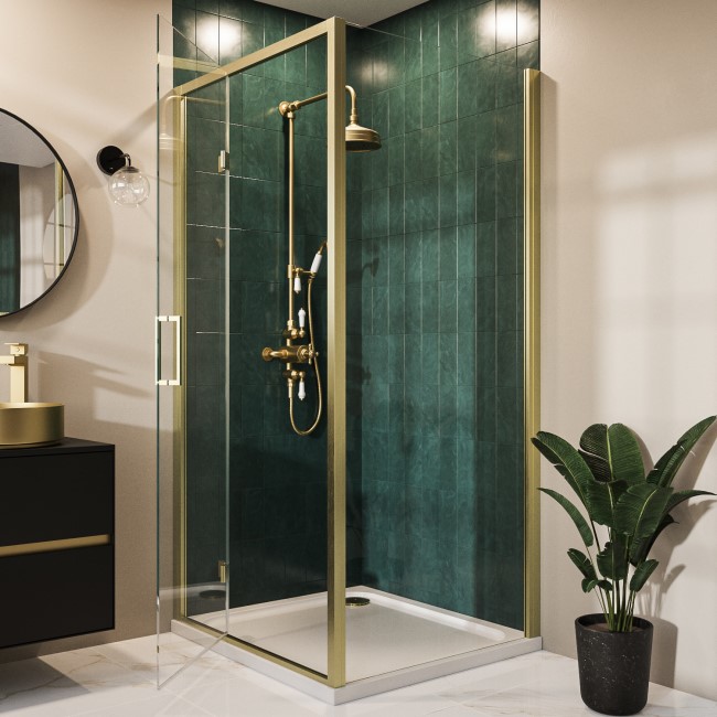 Brushed Brass 8mm Glass Rectangular Hinged Shower Enclosure 1000x800mm - Pavo