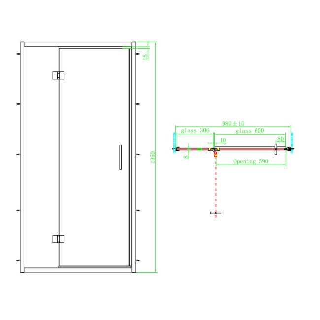 Brushed Brass 8mm Glass Rectangular Hinged Shower Enclosure 1000x800mm - Pavo