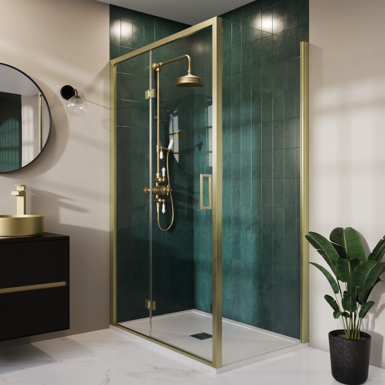 1200 x 900mm Brushed Brass Rectangular Hinged Shower Enclosure with Low Profile Shower Tray - Pavo 