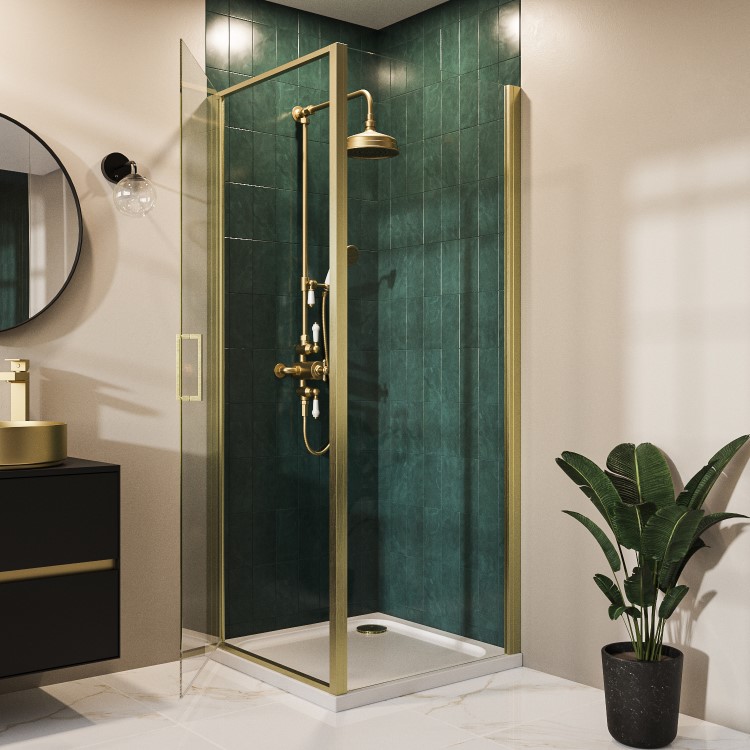 Brushed Brass 8mm Glass Square Hinged Shower Enclosure 800mm - Pavo