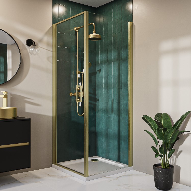 Brushed Brass 8mm Glass Rectangular Hinged Shower Enclosure 900x800mm - Pavo