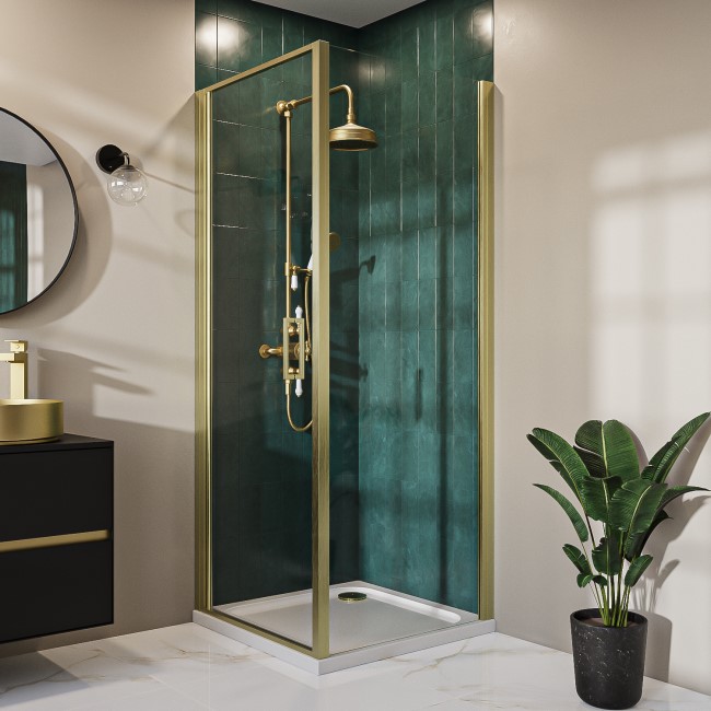 Brushed Brass 8mm Glass Square Hinged Shower Enclosure 900mm - Pavo