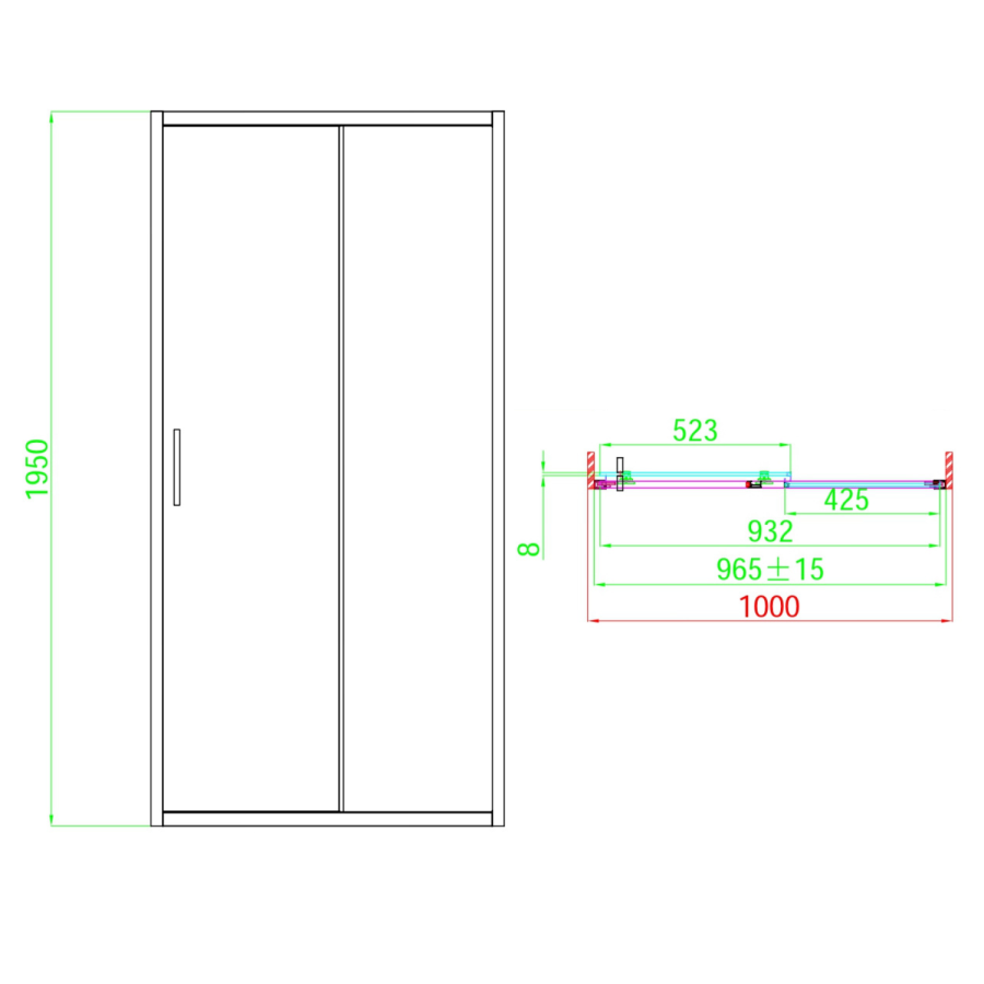 1000mm Brushed Brass Sliding Shower Door 8mm Glass with Traditional Handle - Pavo