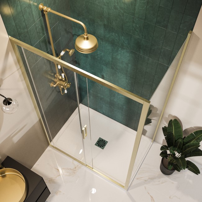 Brushed Brass 8mm Glass Rectangular Sliding Shower Enclosure with Low Profile Shower Tray 1200x800mm - Pavo