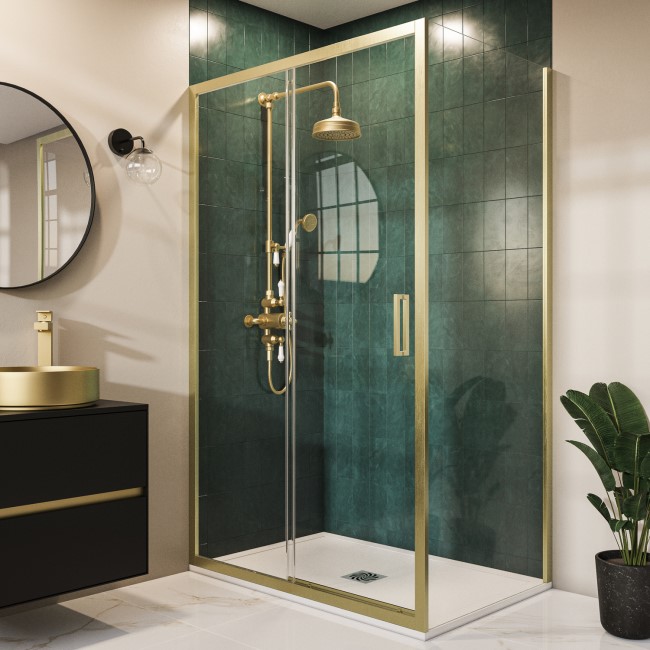 Brushed Brass 8mm Glass Rectangular Sliding Shower Enclosure with Low Profile Shower Tray 1200x900mm - Pavo