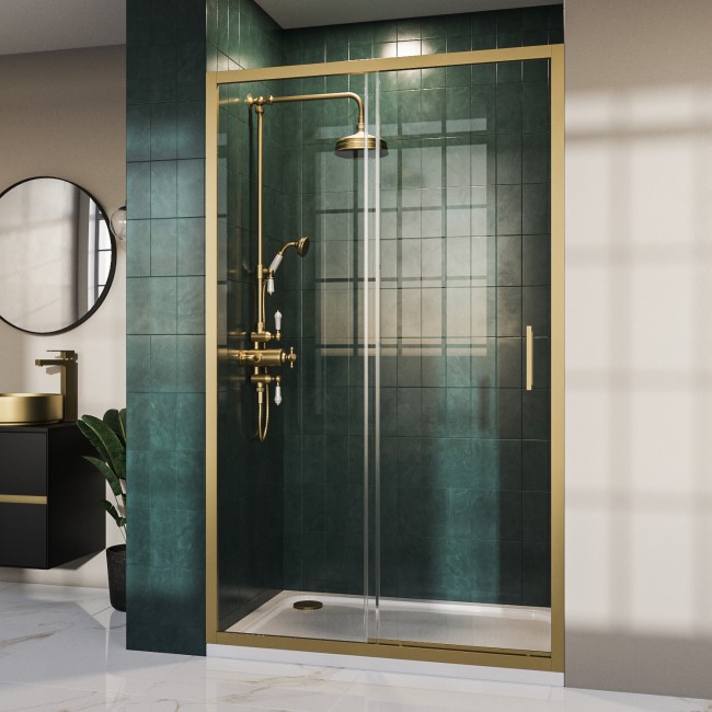 Grade A1 - Brushed Brass 8mm Glass Sliding Shower Door 1400mm - Pavo