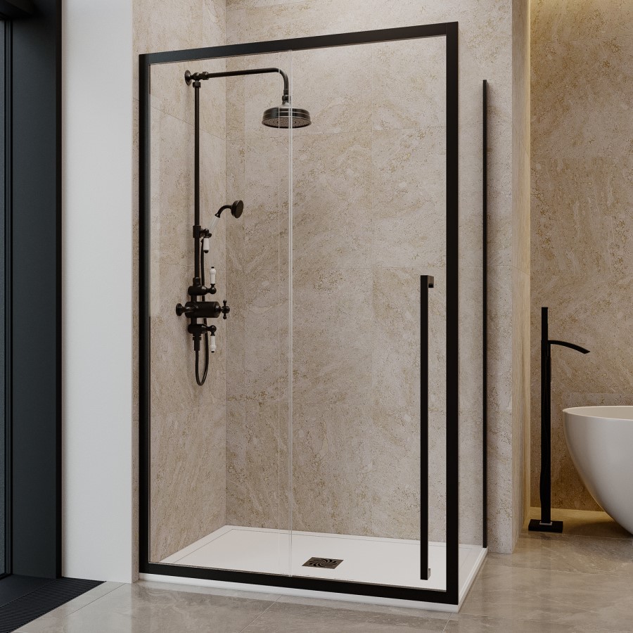 1000x800mm Black 8mm Glass Sliding Shower Enclosure with Extended Handle - Pavo