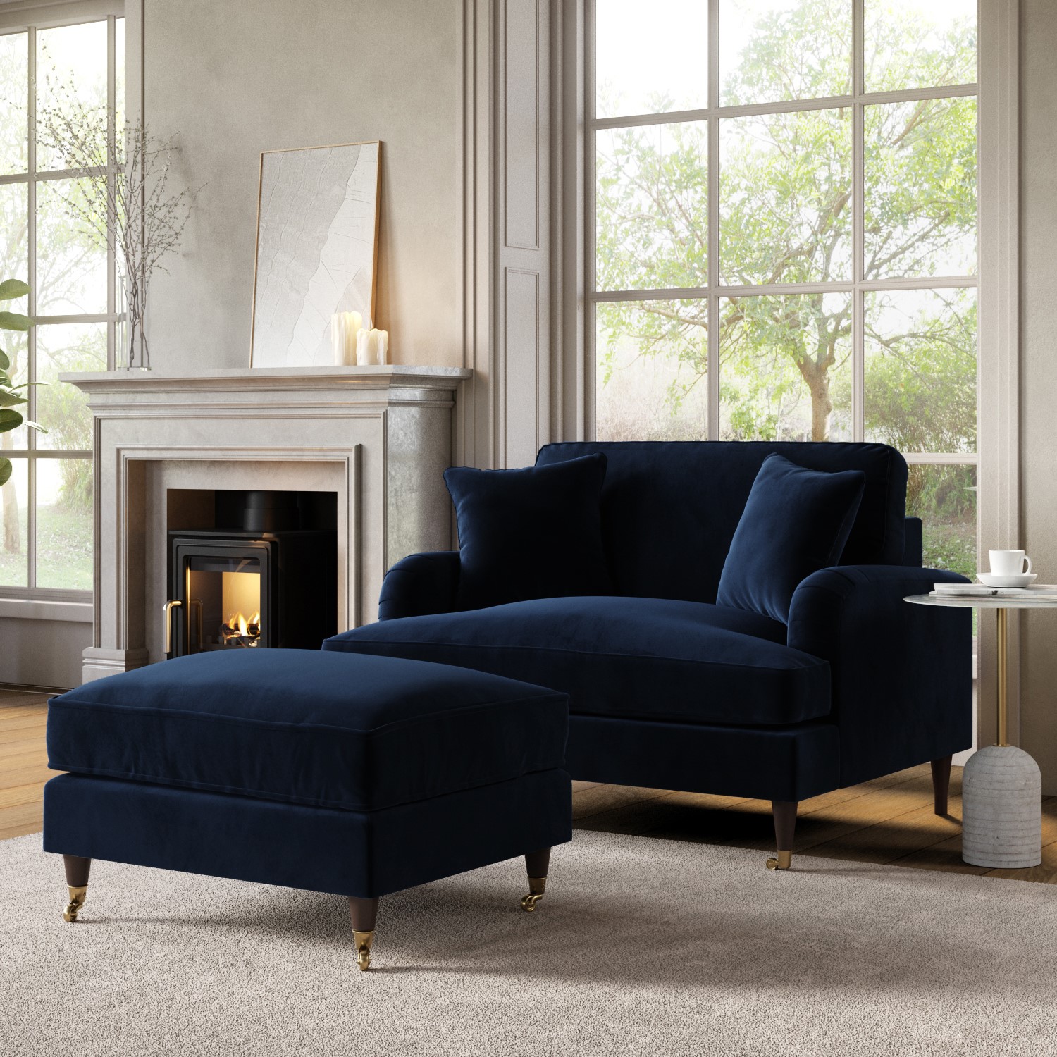 Photos - Sofa Payton Navy Velvet Love Seat and Footstool - Payton BUN/PAY018/84475