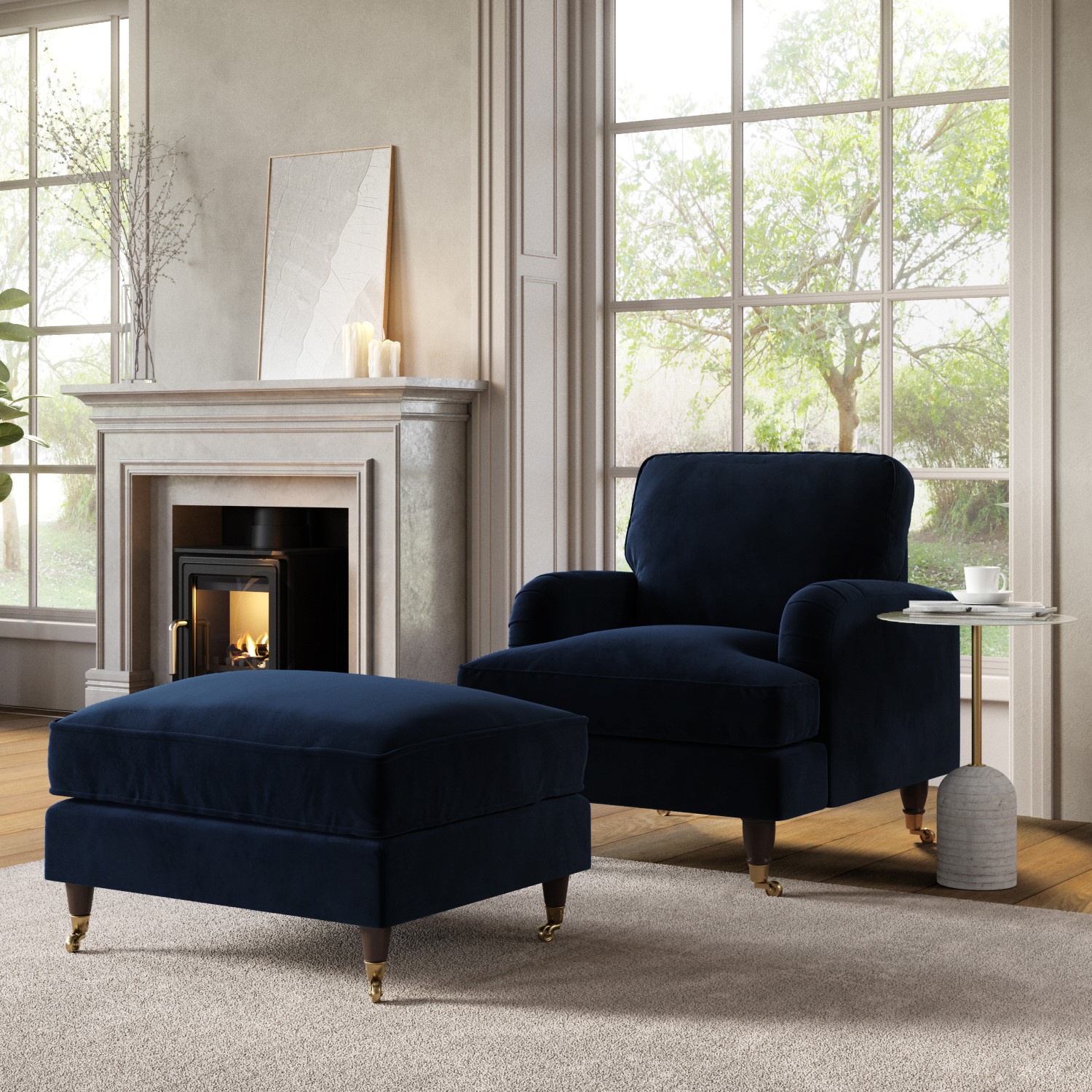 Payton Blue Navy Velvet Armchair And Footstool