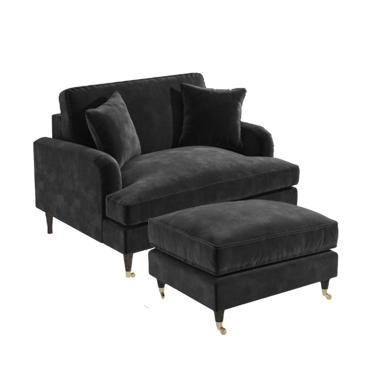 Grey Velvet Love Seat and Footstool - Payton