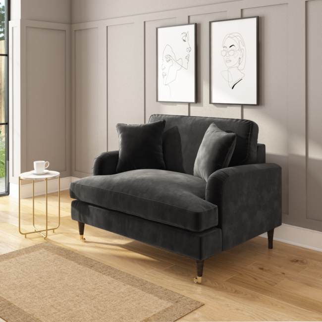 Grey Velvet Love Seat and Footstool - Payton