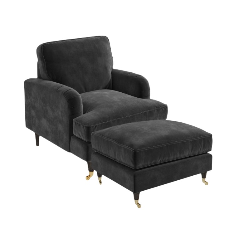 Charcoal Velvet Armchair and Footstool Set - Payton