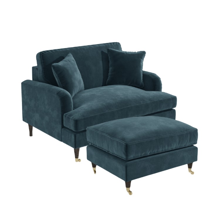 Blue Velvet Love Seat and Footstool - Payton