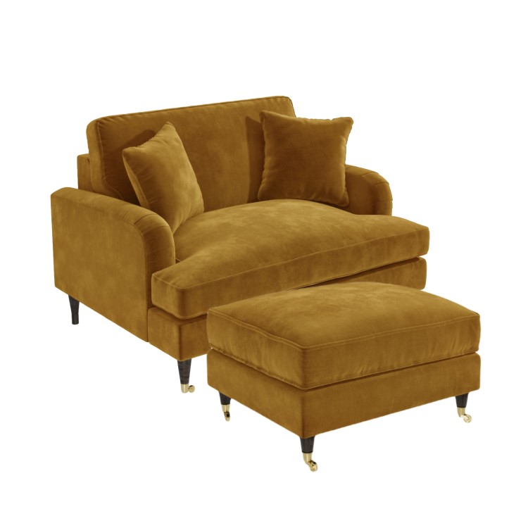 Mustard Velvet Loveseat and Footstool Set - Payton