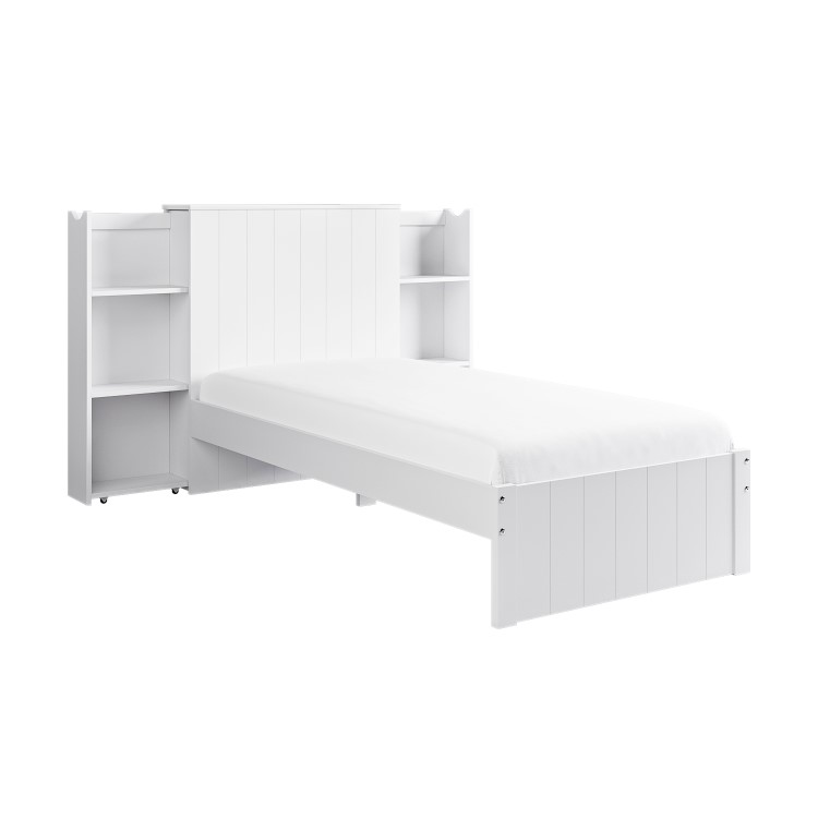 Single White Wooden Bed Frame with Storage Shelf Headboard - Pery