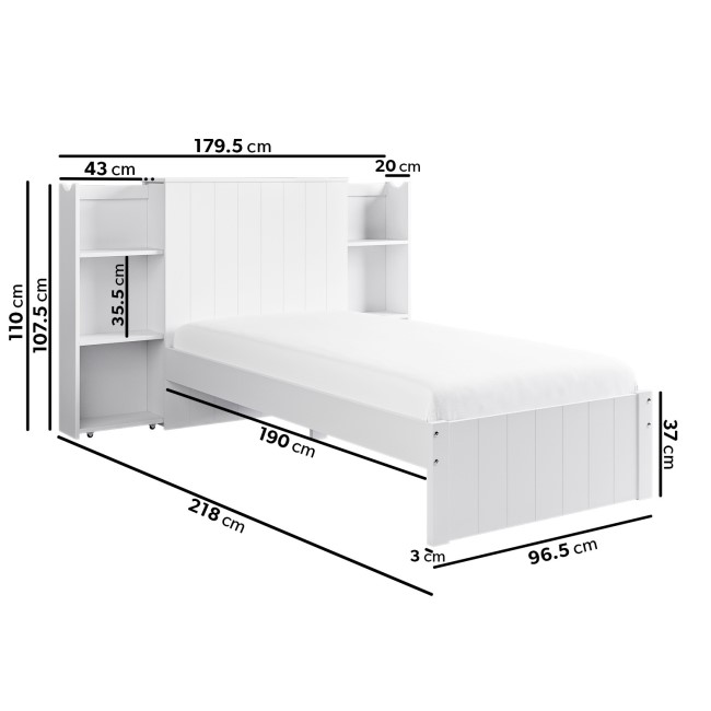 Single White Wooden Bed Frame with Storage Shelf Headboard - Pery