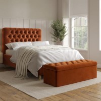 Rust Orange Velvet Double Ottoman Bed with Matching Blanket Box - Pippa