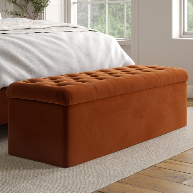 Rust Orange Velvet Double Ottoman Bed with Matching Blanket Box - Pippa