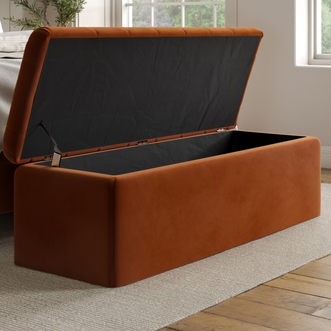 Rust Orange Velvet Double Ottoman Bed with Matching Blanket Box - Pippa