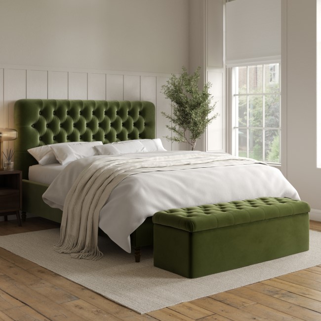 Olive Green Velvet Super King Ottoman Bed with Blanket Box - Pippa