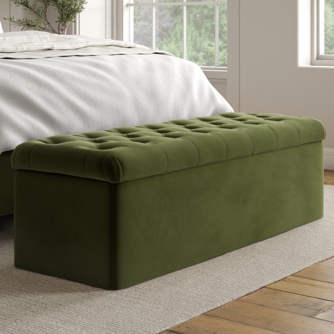 Olive Green Velvet Super King Ottoman Bed with Blanket Box - Pippa