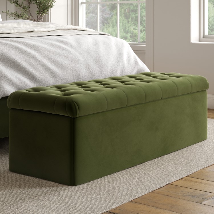 Olive Green Velvet King Size Ottoman Bed with Matching Blanket Box - Pippa