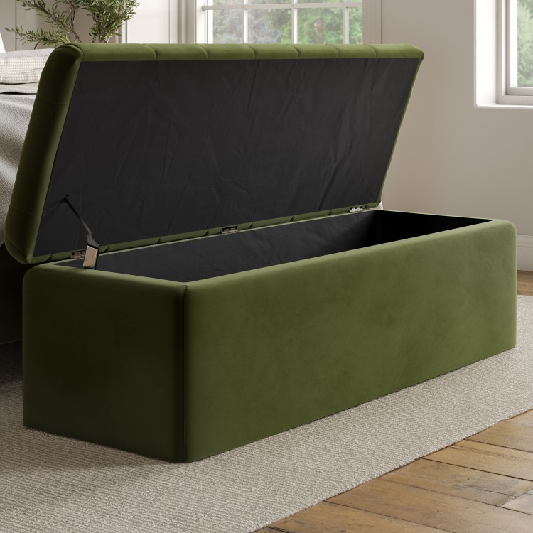 Olive Green Velvet King Size Ottoman Bed with Matching Blanket Box - Pippa