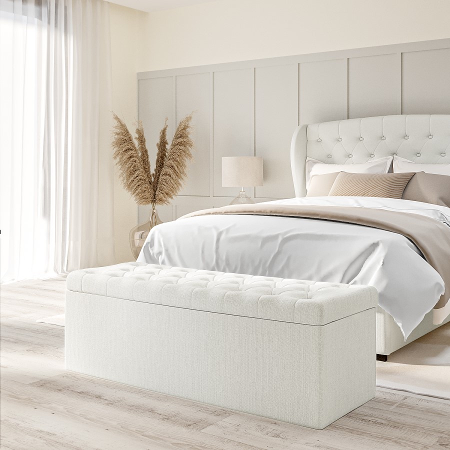 GRADE A1 - Cream Woven Fabric Ottoman Blanket Box - Safina