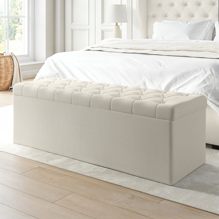 Cream Upholstered Double Ottoman Bed with Blanket Box - Safina