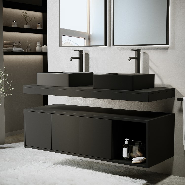 1200mm Black Wall Hung Countertop Double Vanity Unit with Black Rectangular Basins and Shelves - Porto