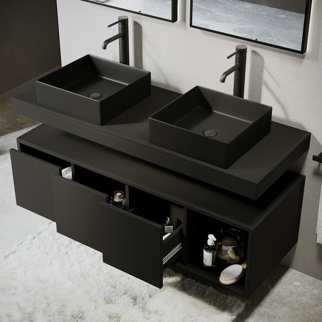 1200mm Black Wall Hung Countertop Double Vanity Unit with Black Rectangular Basins and Shelves - Porto