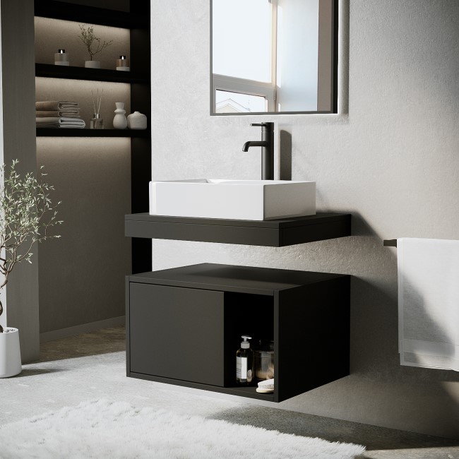 600mm Black Wall Hung Countertop Vanity Unit with Rectangular Basin and Shelves - Porto