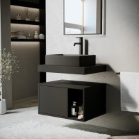 600mm Black Wall Hung Countertop Vanity Unit with Black Rectangular Basin and Shelves - Porto