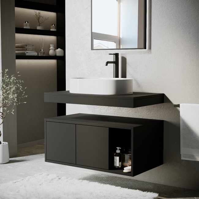 800mm Black Wall Hung Countertop Vanity Unit with Oval Basin and Shelves - Porto