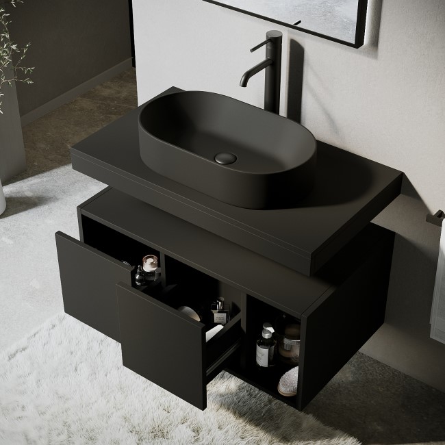 800mm Black Wall Hung Countertop Vanity Unit with Black Oval Basin and Shelves - Porto