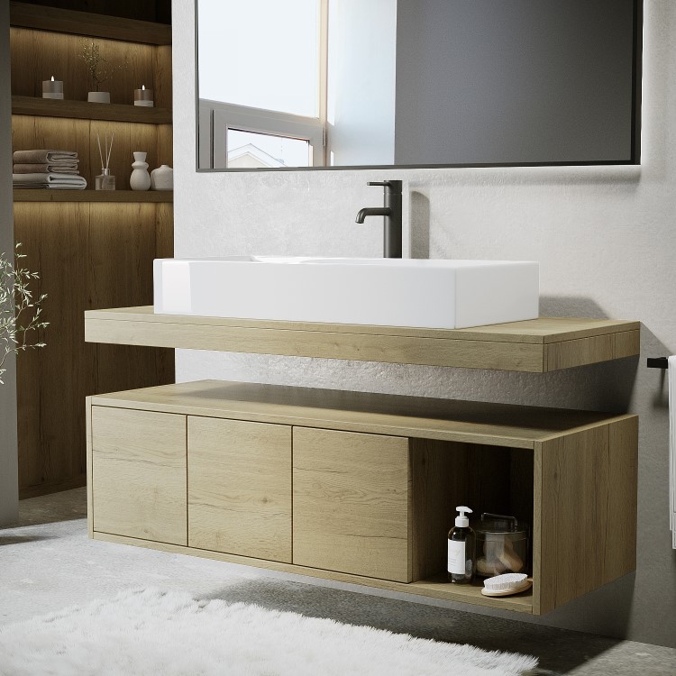 1200mm Wood Effect Wall Hung Double Countertop Vanity Unit with Rectangular Basin and Shelf - Porto