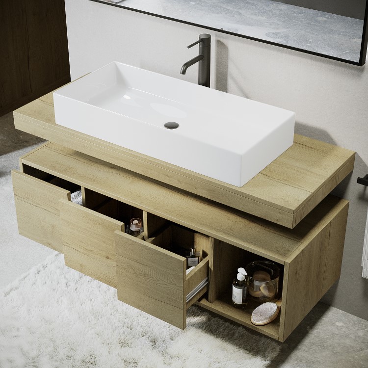 1200mm Wood Effect Wall Hung Double Countertop Vanity Unit with Rectangular Basin and Shelf - Porto