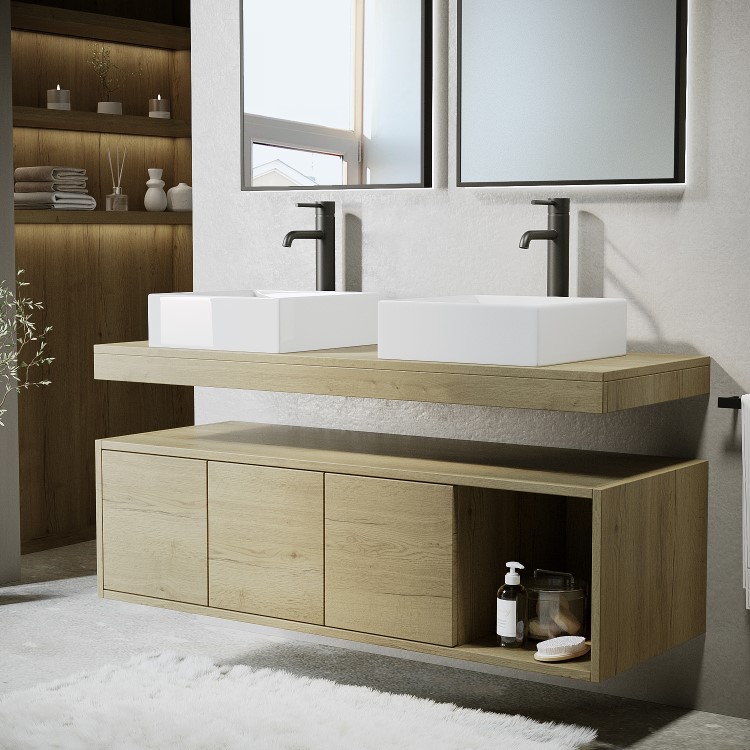 1200mm Wood Effect Wall Hung Double Countertop Vanity Unit with Rectangular Basins and Shelf - Porto