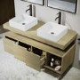 1200mm Wood Effect Wall Hung Double Countertop Vanity Unit with Rectangular Basins and Shelf - Porto