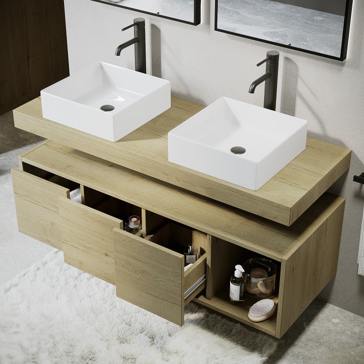 1200mm Wood Effect Wall Hung Double Countertop Vanity Unit with Rectangular Basins and Shelf - Porto