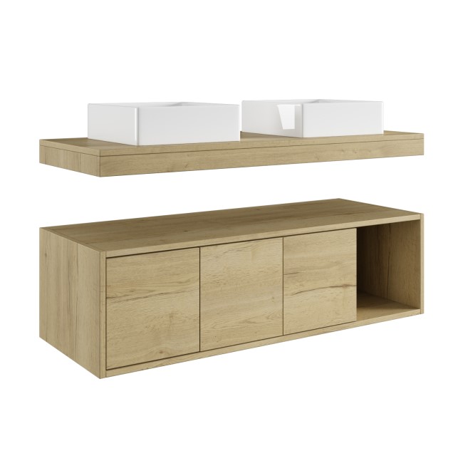 1200mm Wood Effect Wall Hung Double Countertop Vanity Unit with Rectangular Basins and Shelf - Porto