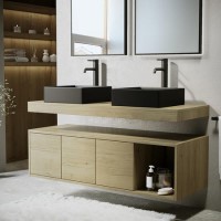 1200mm Oak Wall Hung Countertop Double Vanity Unit with Black Rectangular Basins and Shelves - Porto