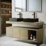 1200mm Oak Wall Hung Countertop Double Vanity Unit with Black Rectangular Basins and Shelves - Porto