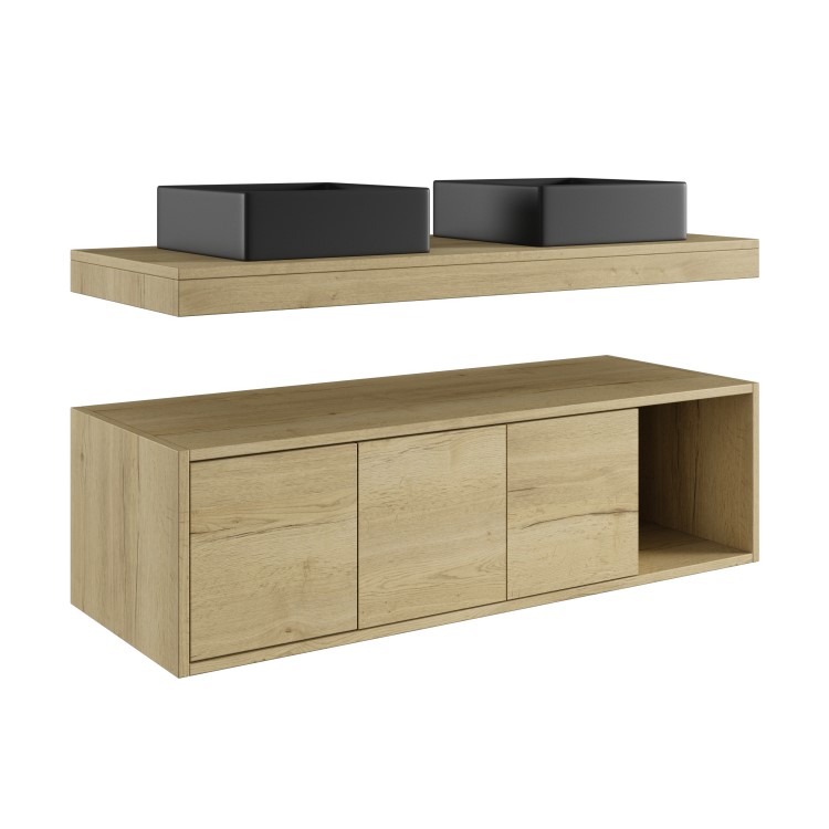 1200mm Wood Effect Wall Hung Double Countertop Vanity Unit with Black Rectangular Basins and Shelf - Porto