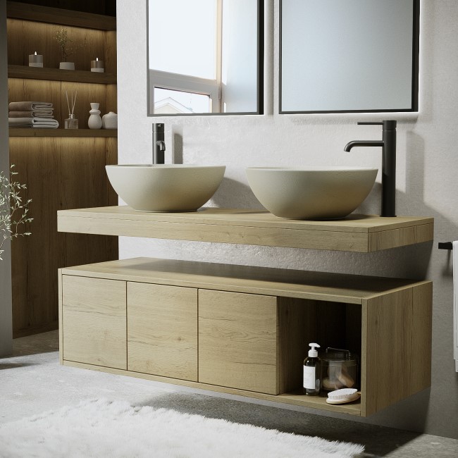 1200mm Wood Effect Wall Hung Double Countertop Vanity Unit with Unglazed Basins and Shelf - Porto