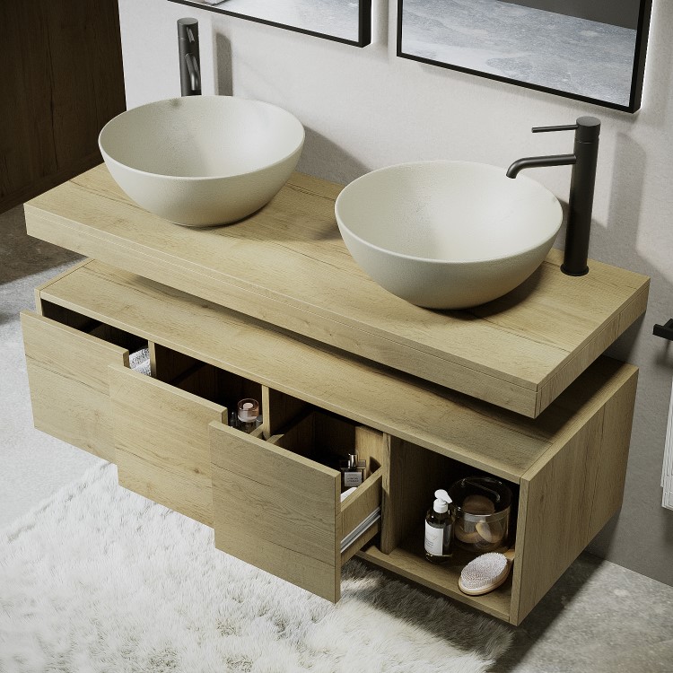 1200mm Wood Effect Wall Hung Double Countertop Vanity Unit with Unglazed Basins and Shelf - Porto